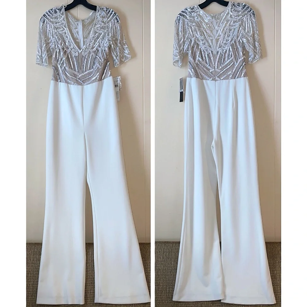 Aidan Mattox Ivory White Sequin Embellished Jumpsuit
